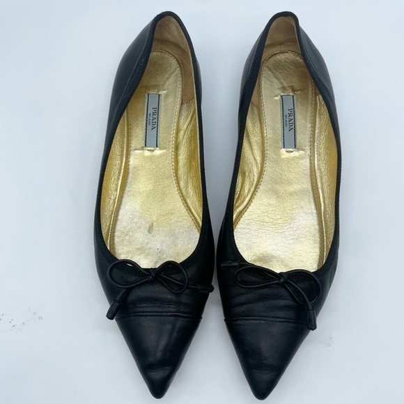 Prada black soft leather bow tie pointed toe ballet flats EU 38.5 - Picture 1 of 11